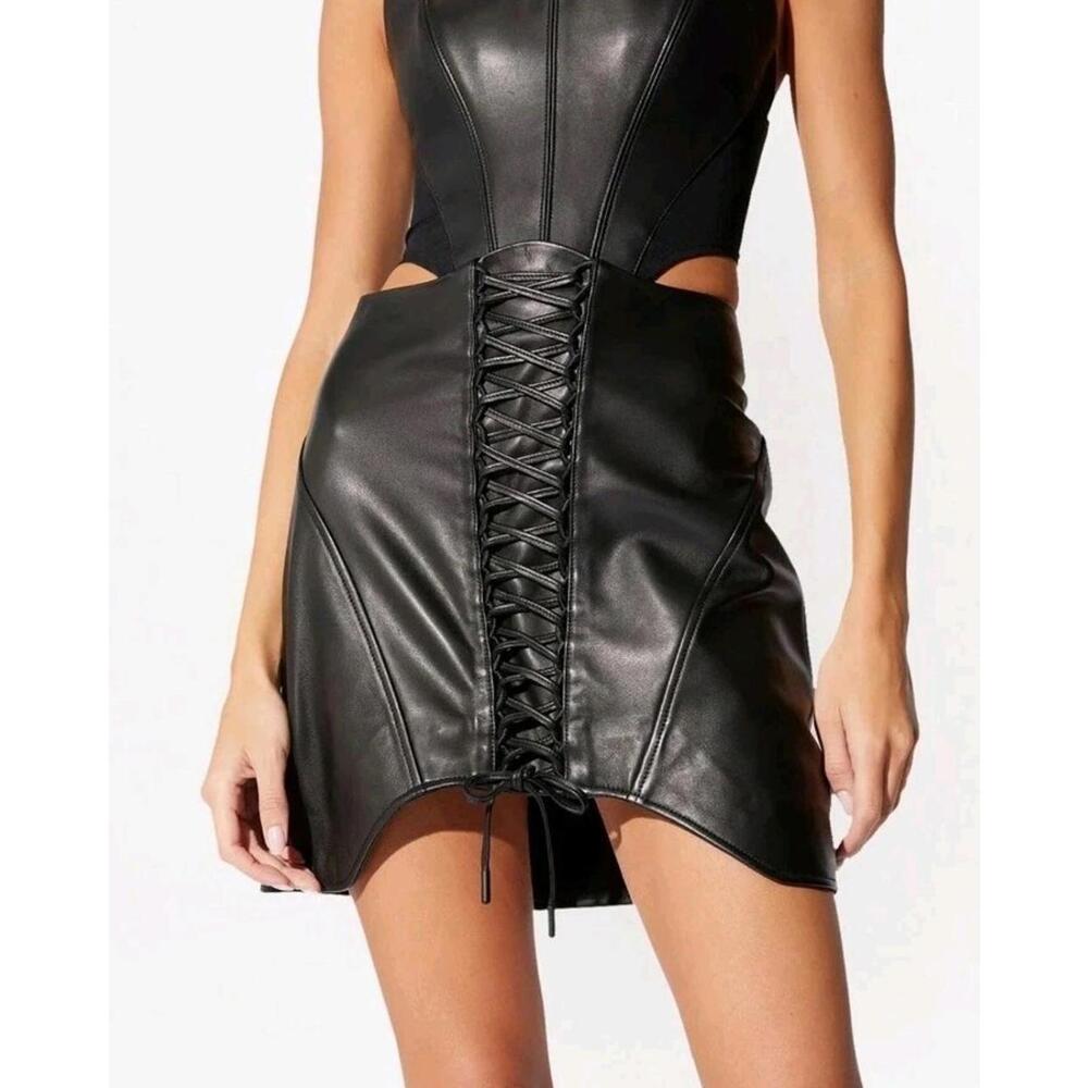 RTA Bendita Corset Lama Black Leather Mini Skirt NWT SZ 0 $1200 FARFETCH